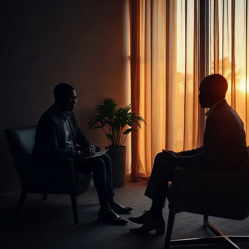 Discreet boardroom consultation in indigo ambient light