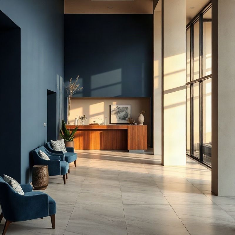 Minimalist premium office reception in indigo and cream