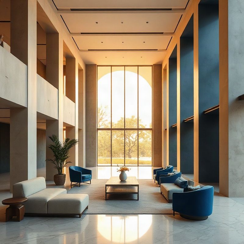 Structured architectural interior in indigo and cream tones